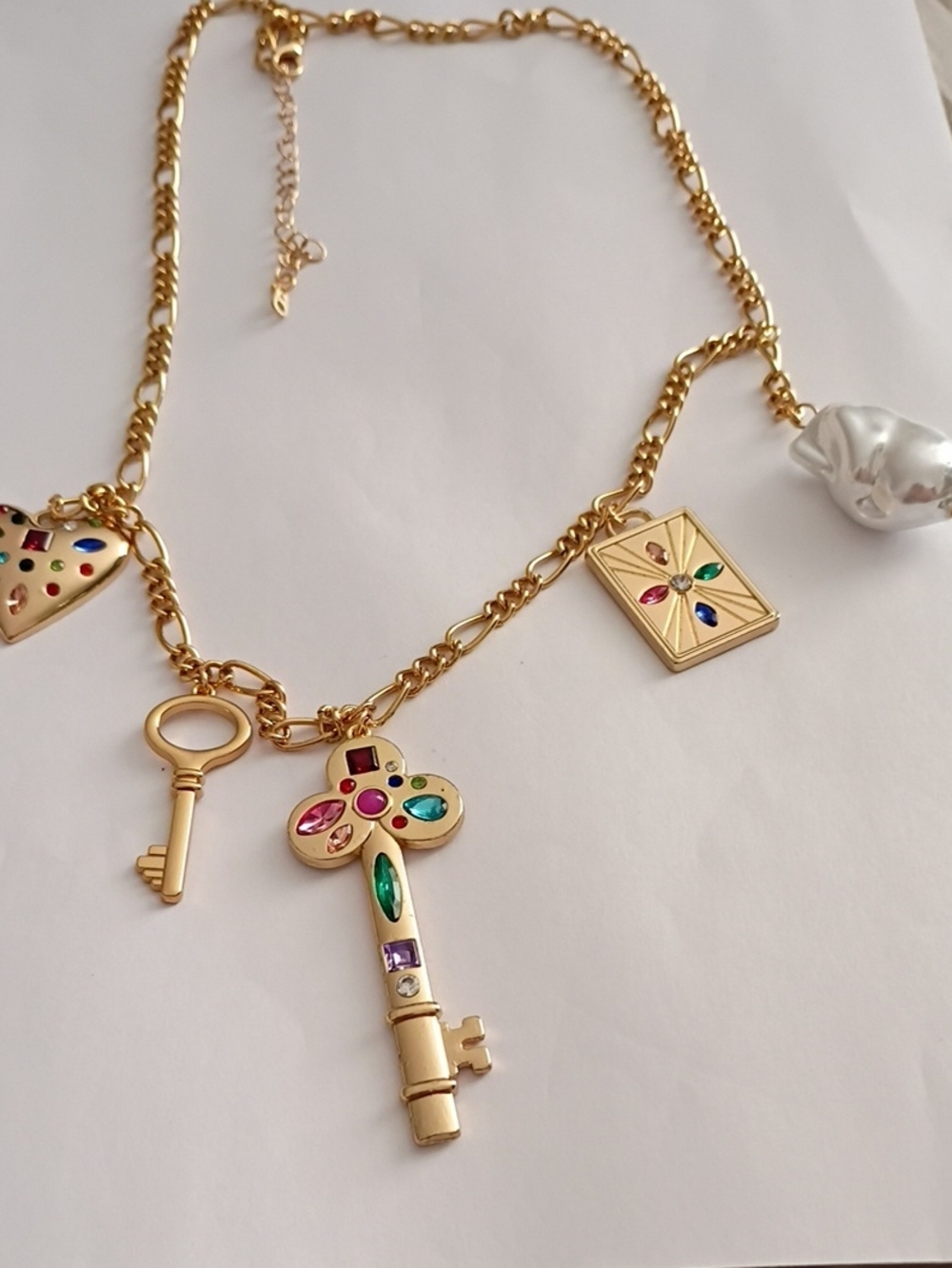 Gold-Tone Multi Charm Key Necklace with Colorful Gem Accents